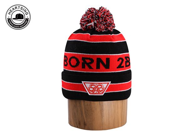 custom beanie hat custom fashion winter red black stripe knitted beanie with ball-b002